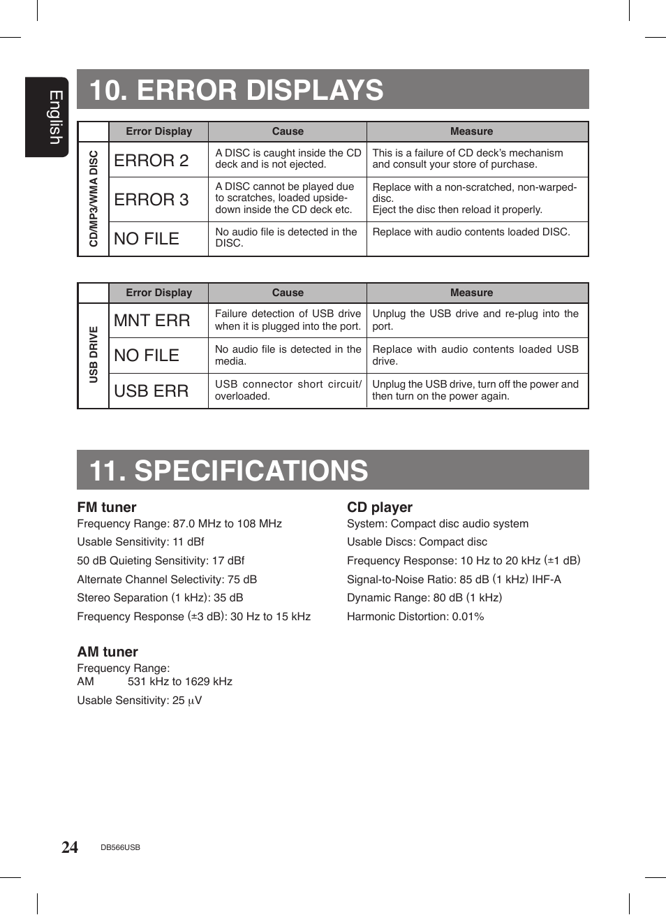 Error displays, Specifications, 24 english | Mnt err, No file usb err, Error 2, Error 3 no file | Clarion DB566USB User Manual | Page 22 / 24