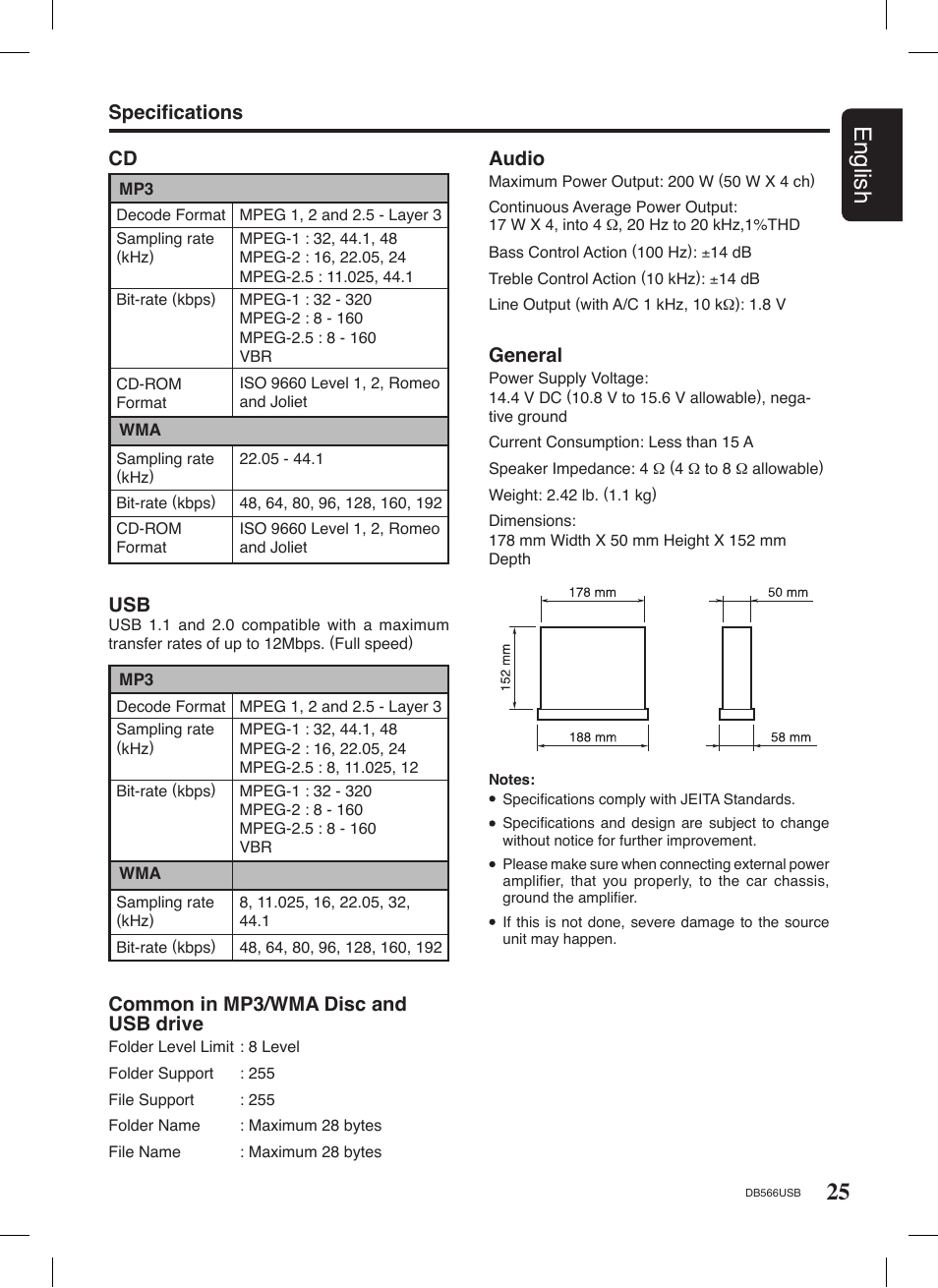 25 english, Audio, General | Speciﬁcations cd, Common in mp3/wma disc and usb drive | Clarion DB566USB User Manual | Page 23 / 24