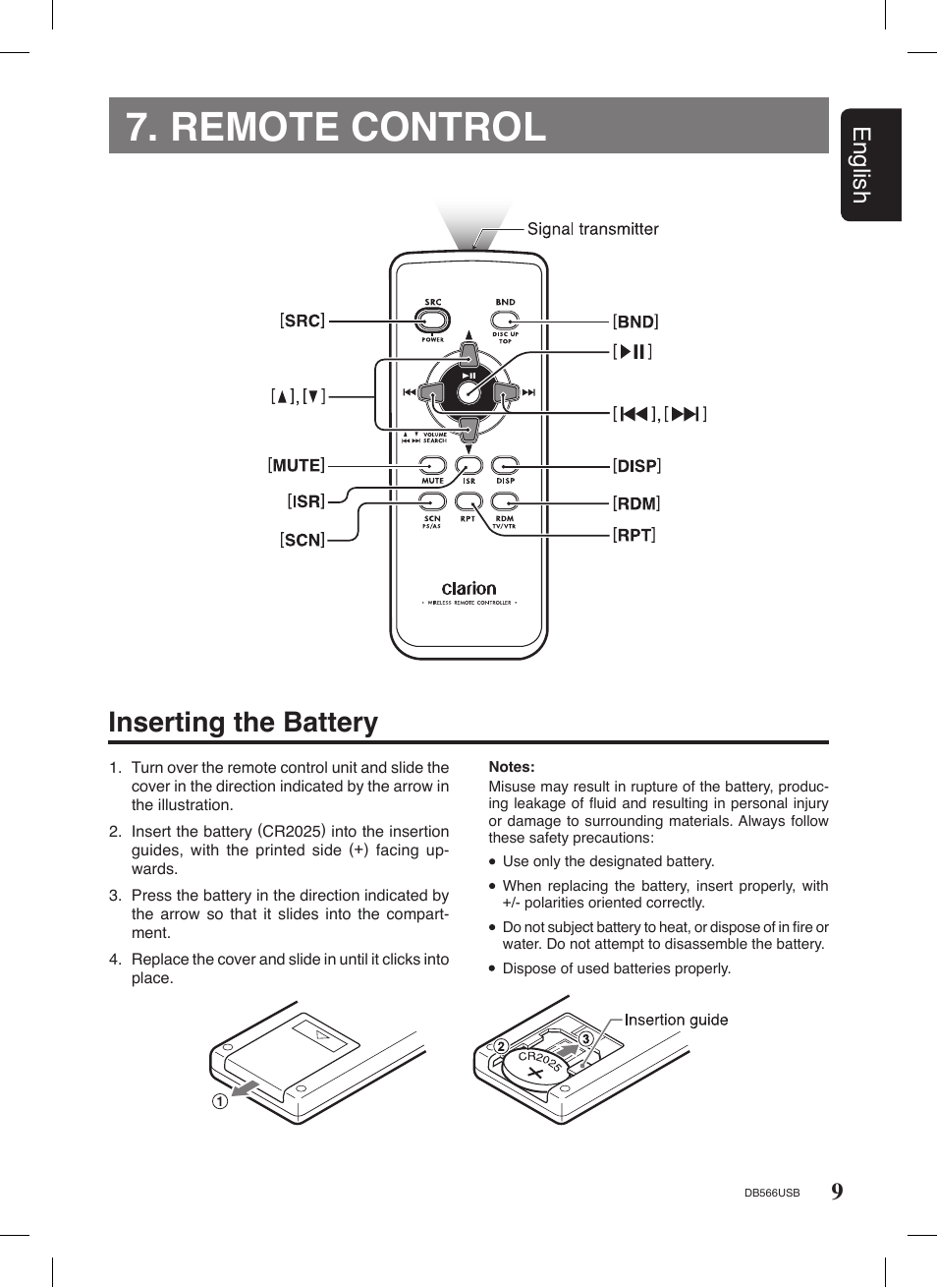 Remote control, Inserting the battery, 9english | Clarion DB566USB User Manual | Page 7 / 24