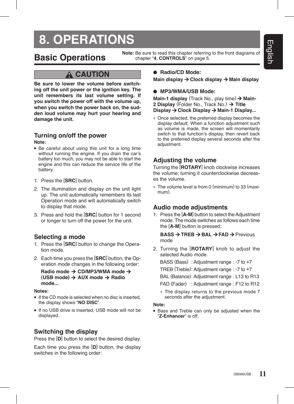 Operations, Basic operations, 11 english | Caution | Clarion DB566USB User Manual | Page 9 / 24