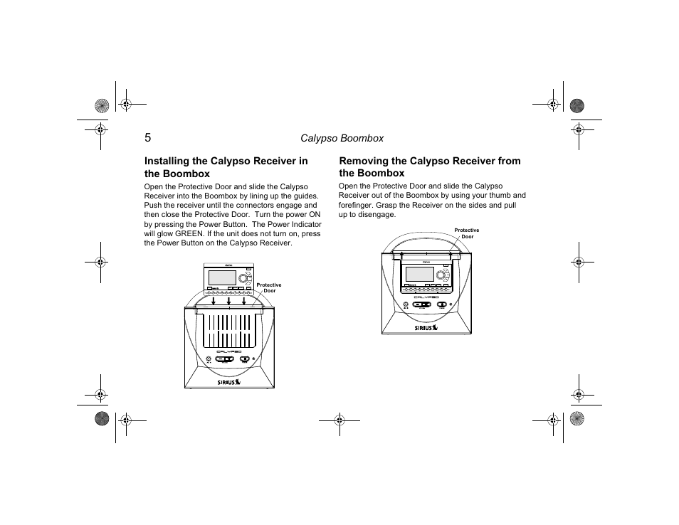 Calypso boombox, Installing the calypso receiver in the boombox, Removing the calypso receiver from the boombox | Clarion Boombox User Manual | Page 6 / 12