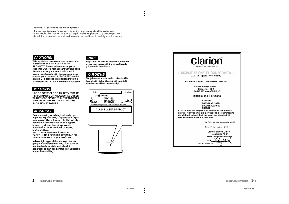 Cautions, Caution, Advarsel | Varoitus | Clarion bd239rg User Manual | Page 2 / 15