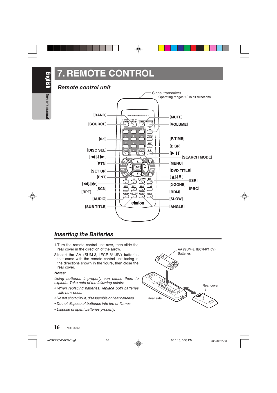 Remote control, Inserting the batteries, English | Remote control unit inserting the batteries | Clarion VRX756VD User Manual | Page 14 / 73
