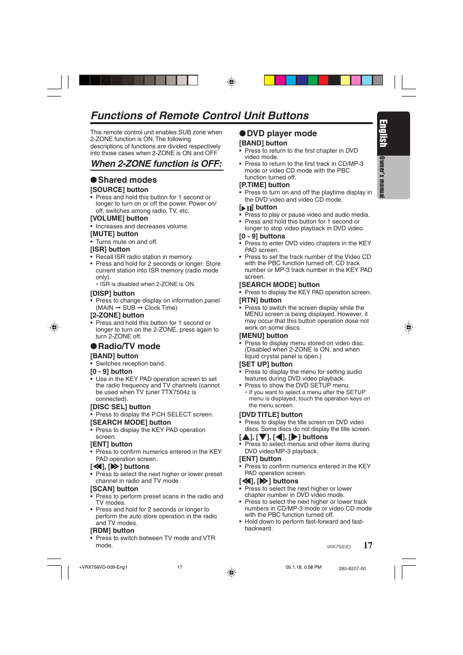 Functions of remote control unit buttons, 17 english, When 2-zone function is off | Shared modes, Radio/tv mode, Dvd player mode | Clarion VRX756VD User Manual | Page 15 / 73