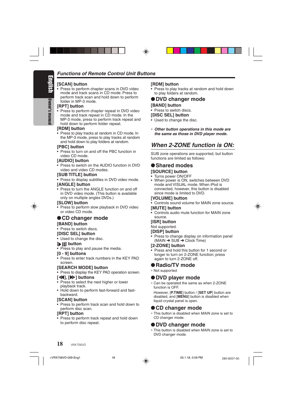 English, When 2-zone function is on, Cd changer mode | Dvd changer mode, Shared modes, Radio/tv mode, Dvd player mode | Clarion VRX756VD User Manual | Page 16 / 73
