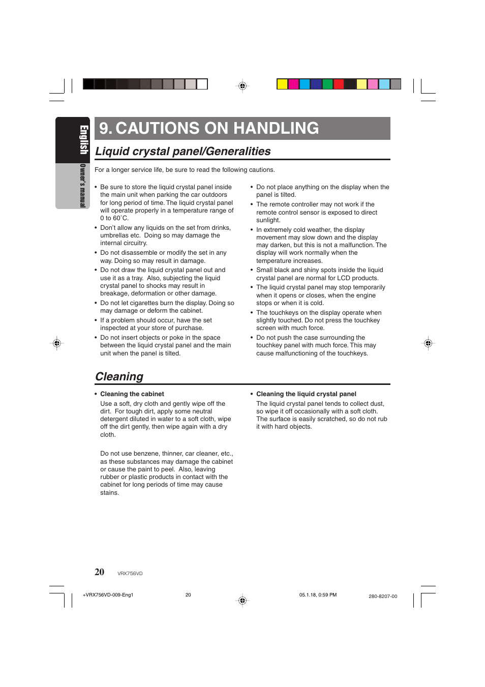 Cautions on handling, Liquid crystal panel/generalities, Cleaning | English | Clarion VRX756VD User Manual | Page 18 / 73