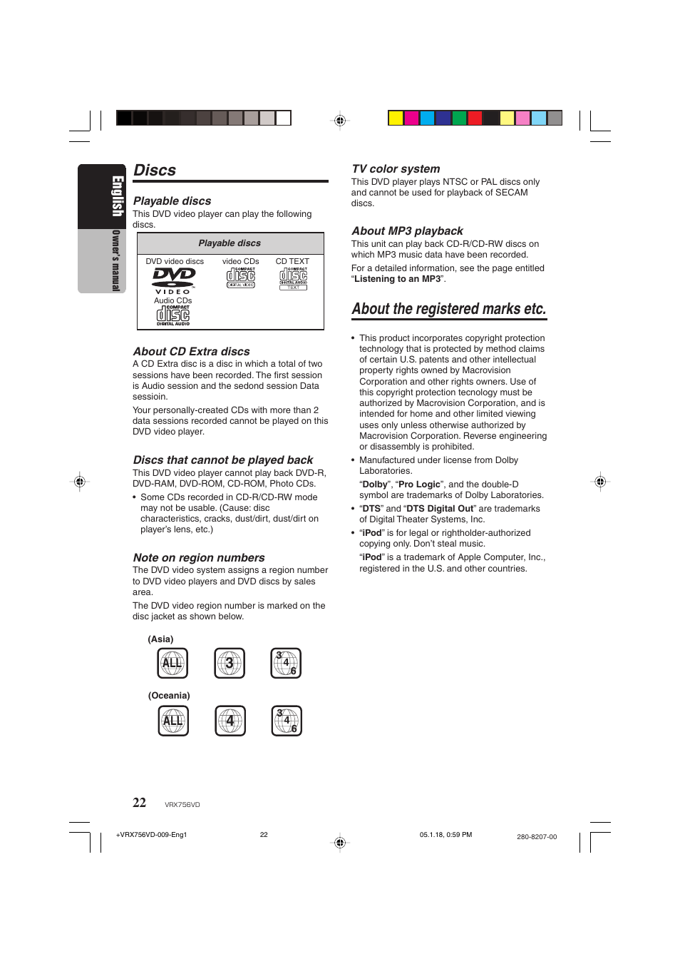 Discs, About the registered marks etc, English | Clarion VRX756VD User Manual | Page 20 / 73