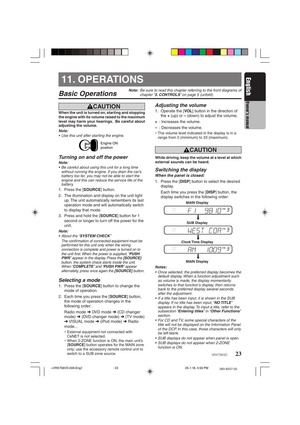 Operations, Basic operations, 23 english | Caution | Clarion VRX756VD User Manual | Page 21 / 73