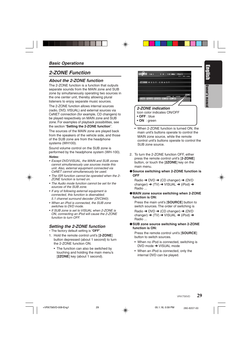 Zone function, 29 english, Basic operations | About the 2-zone function, Setting the 2-zone function | Clarion VRX756VD User Manual | Page 27 / 73