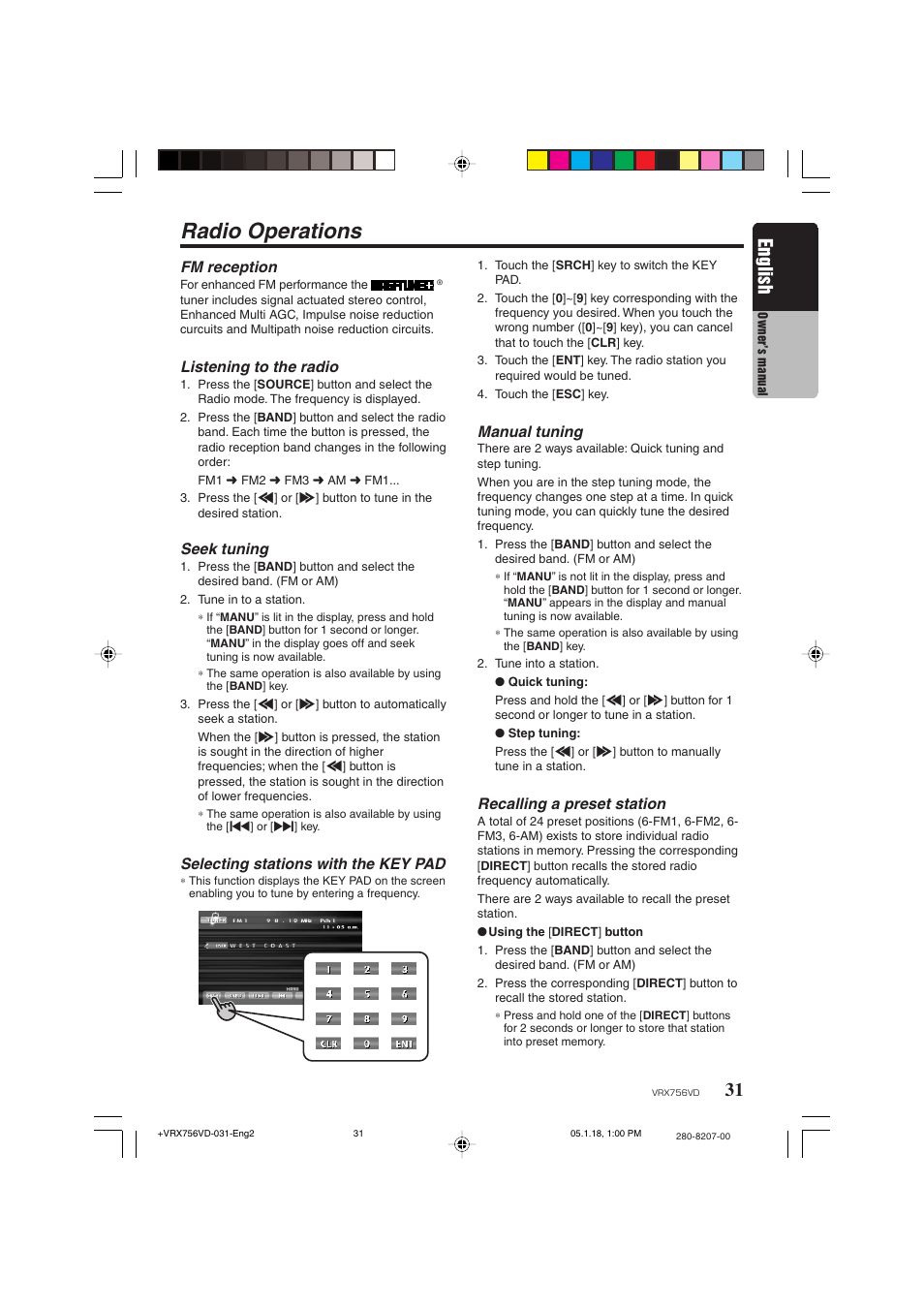 Radio operations, English, Fm reception | Listening to the radio, Seek tuning, Selecting stations with the key pad, Manual tuning, Recalling a preset station | Clarion VRX756VD User Manual | Page 29 / 73