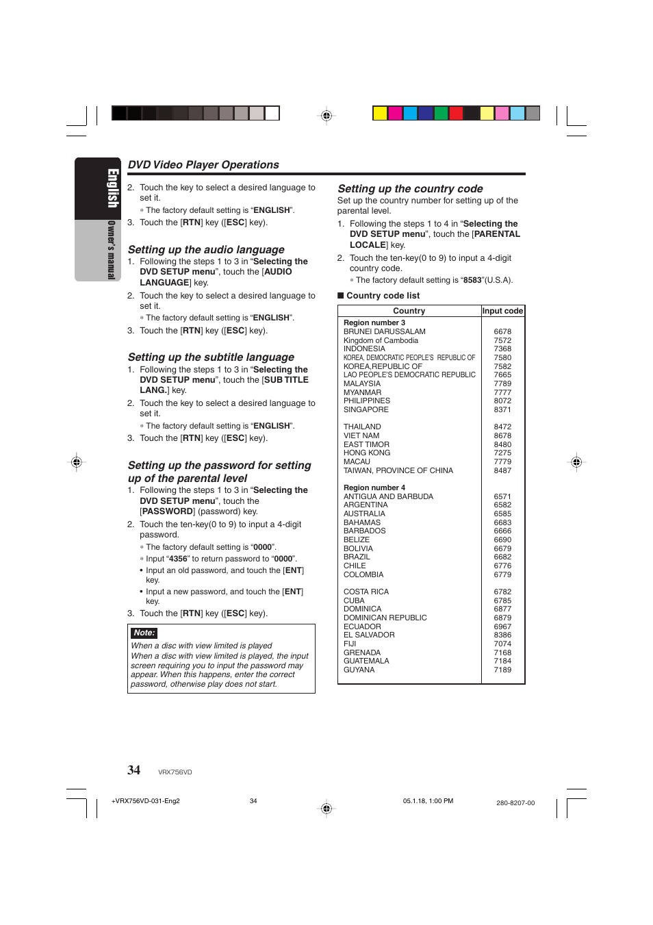 English, Dvd video player operations, Setting up the audio language | Setting up the subtitle language, Setting up the country code | Clarion VRX756VD User Manual | Page 32 / 73