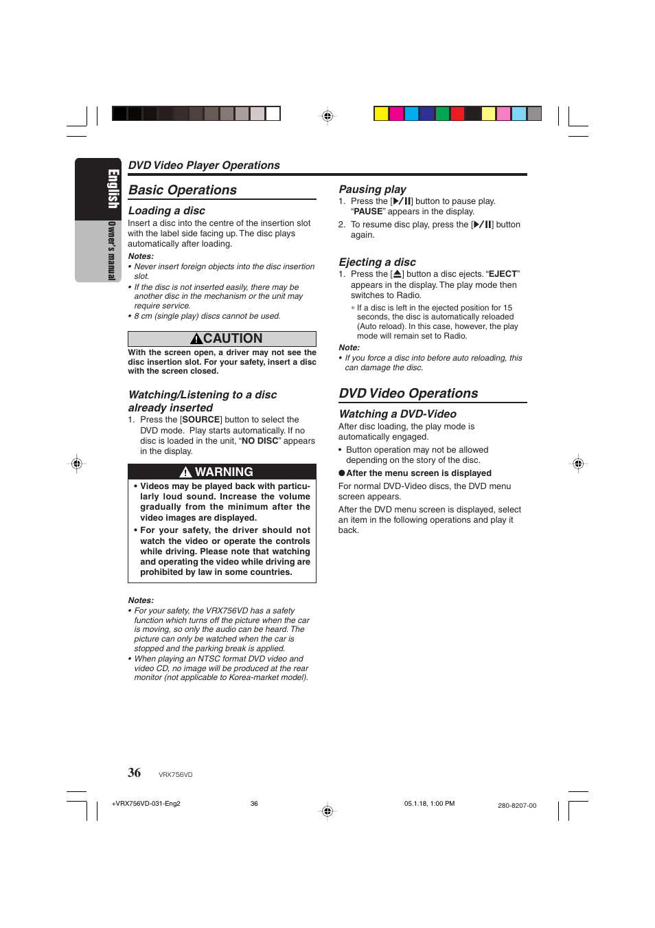 Basic operations, Dvd video operations, English | Caution, Warning | Clarion VRX756VD User Manual | Page 34 / 73
