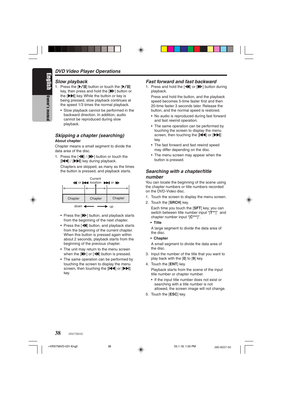 English, Searching with a chapter/title number, Slow playback | Skipping a chapter (searching) | Clarion VRX756VD User Manual | Page 36 / 73