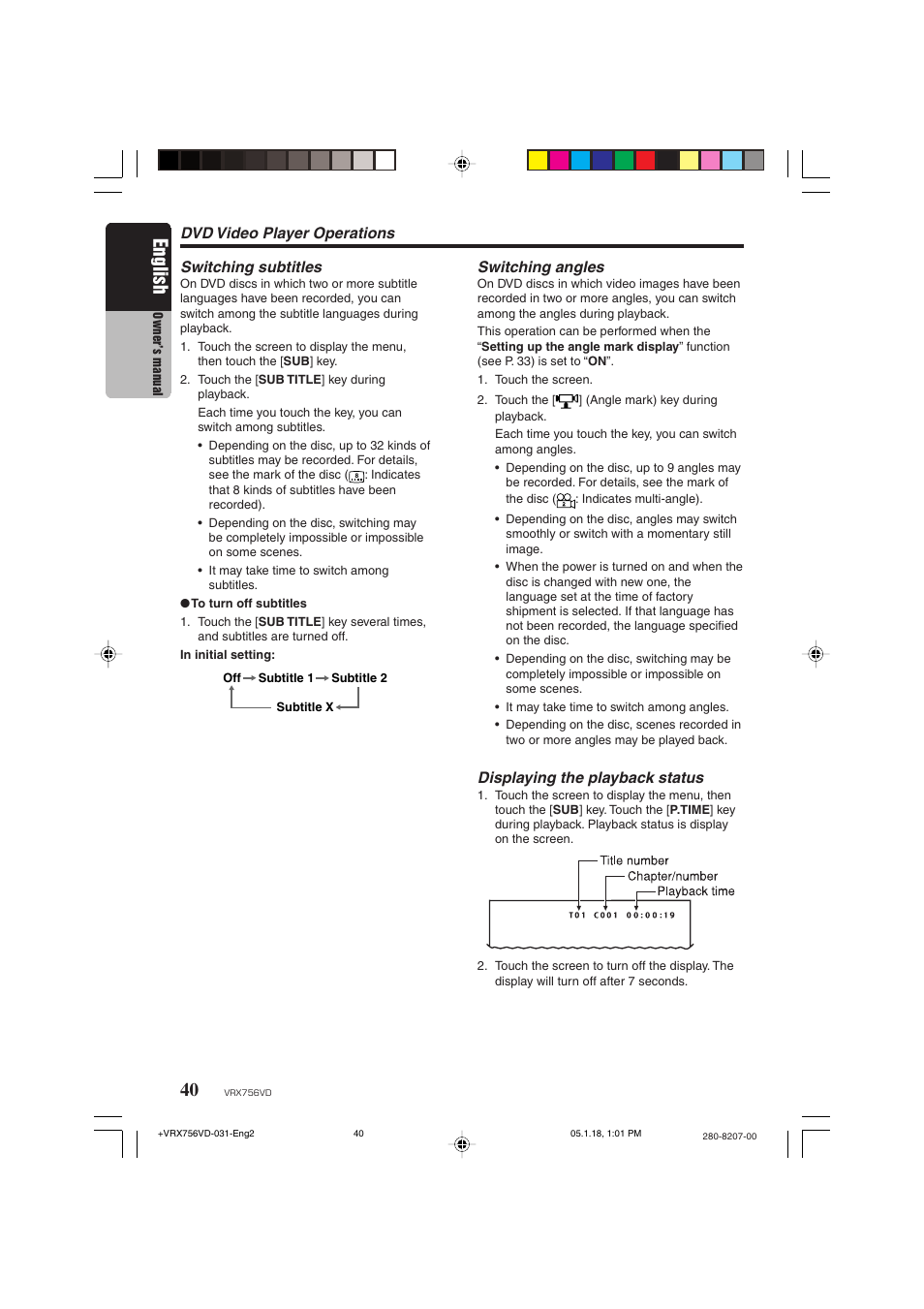 English, Dvd video player operations switching subtitles, Switching angles | Displaying the playback status | Clarion VRX756VD User Manual | Page 38 / 73