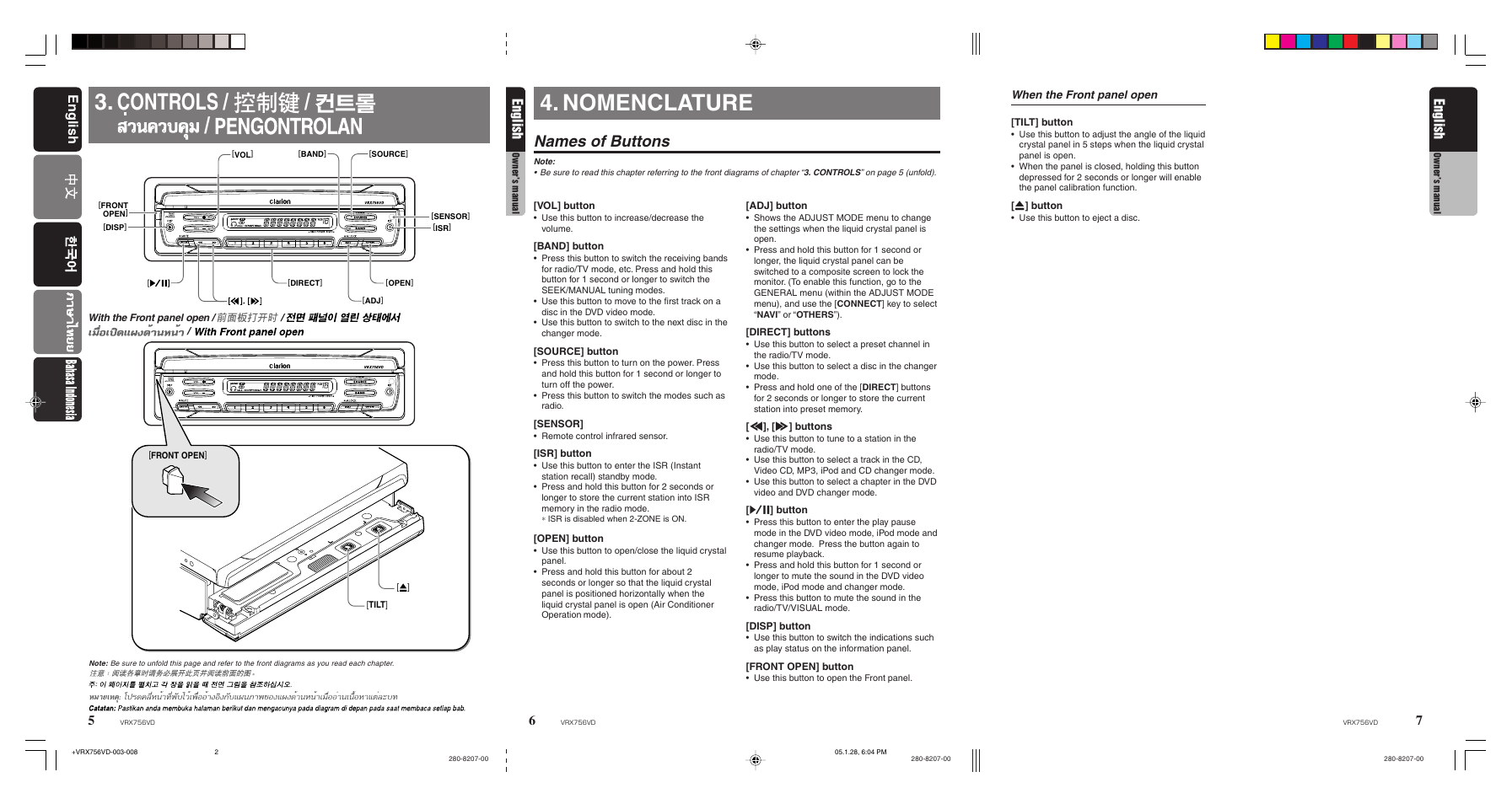 Controls, Nomenclature, Names of buttons | English | Clarion VRX756VD User Manual | Page 4 / 73