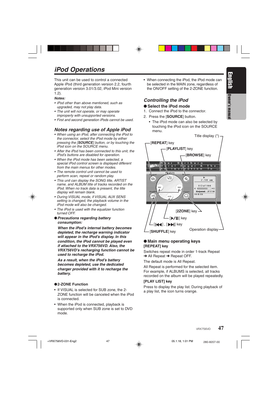 Ipod operations, English, Controlling the ipod | Clarion VRX756VD User Manual | Page 45 / 73