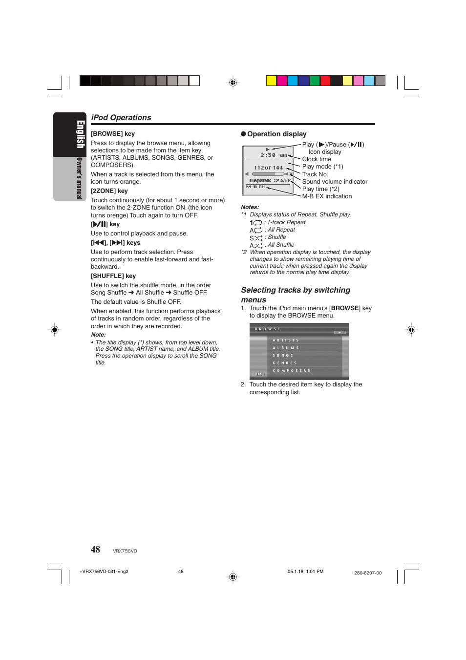 English, Selecting tracks by switching menus, Ipod operations | Clarion VRX756VD User Manual | Page 46 / 73