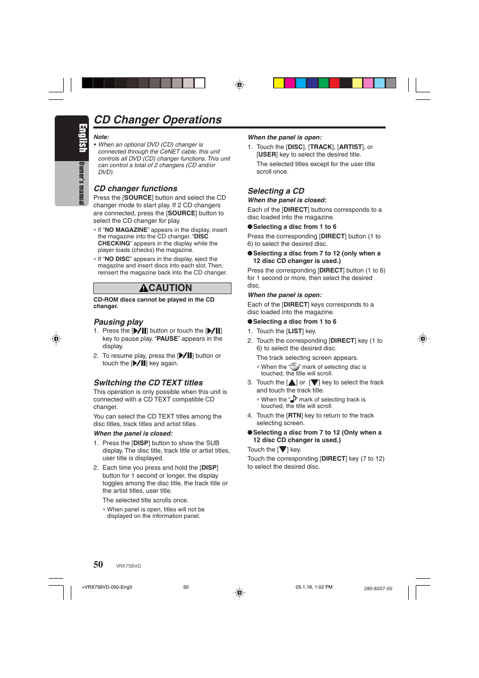 Cd changer operations, English, Caution | Cd changer functions, Pausing play, Switching the cd text titles, Selecting a cd | Clarion VRX756VD User Manual | Page 48 / 73