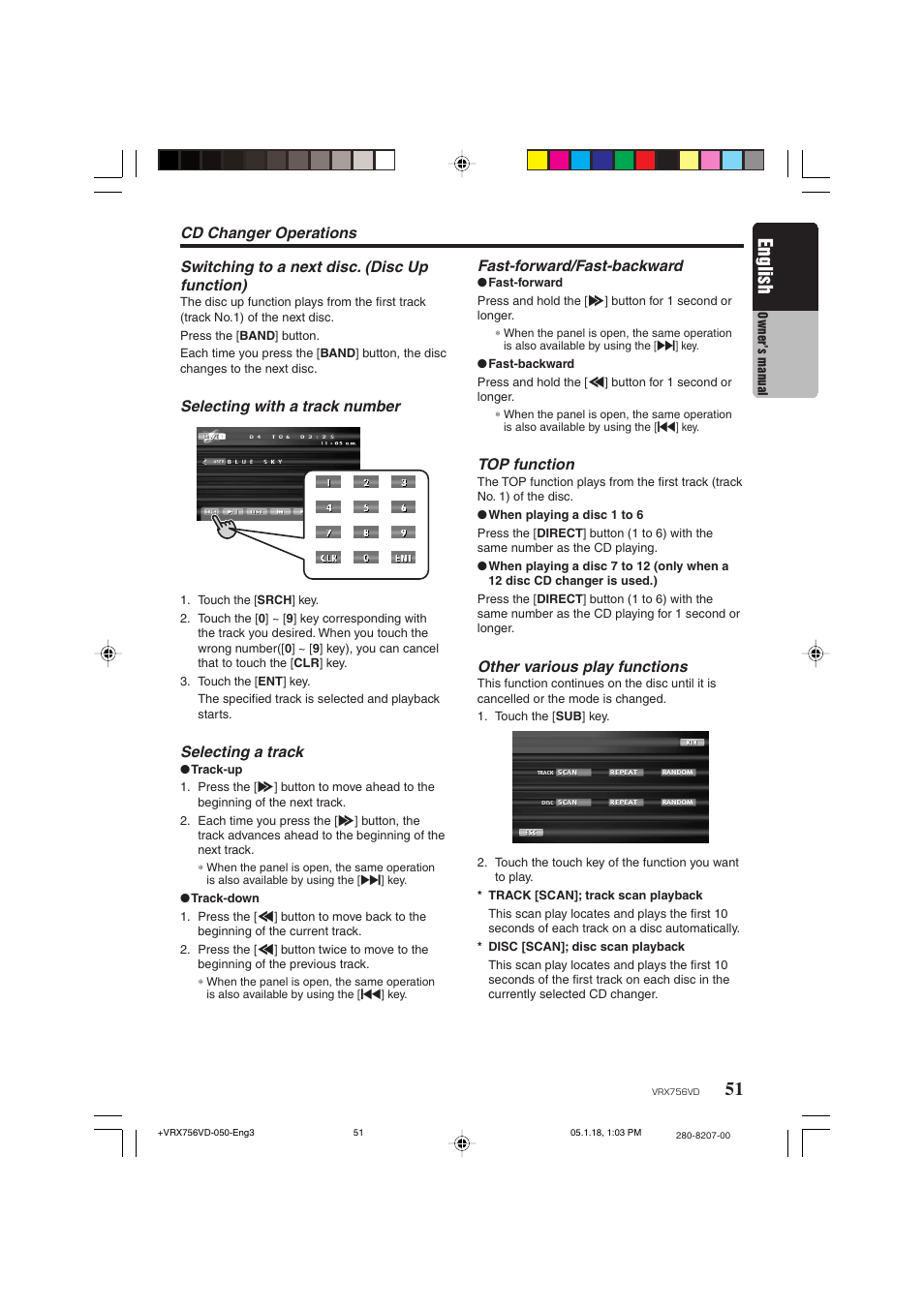 English, Fast-forward/fast-backward, Top function | Other various play functions, Switching to a next disc. (disc up function), Selecting with a track number, Selecting a track, Cd changer operations | Clarion VRX756VD User Manual | Page 49 / 73