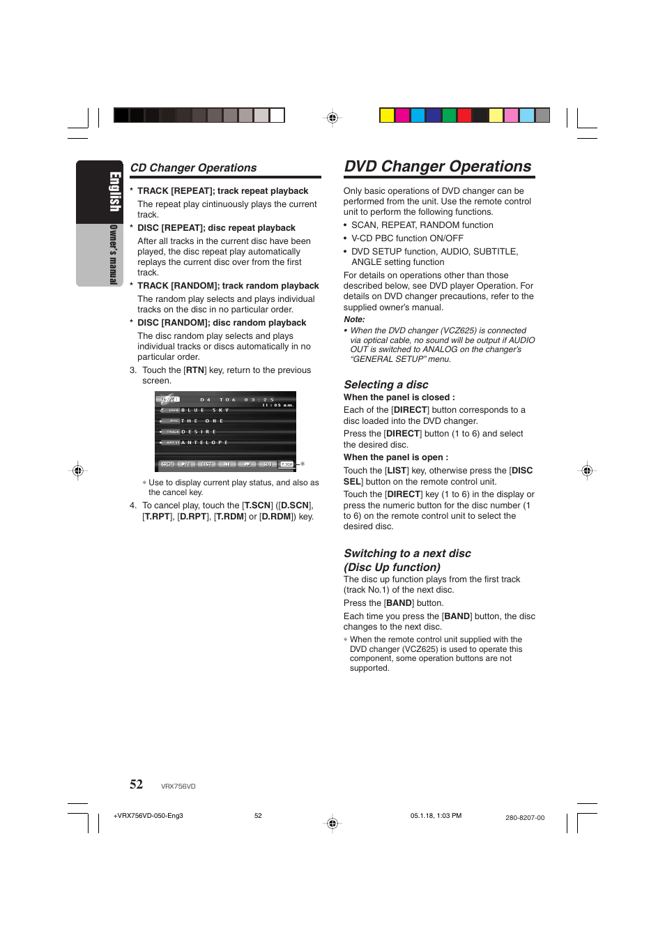 Dvd changer operations, English, Selecting a disc | Switching to a next disc (disc up function), Cd changer operations | Clarion VRX756VD User Manual | Page 50 / 73