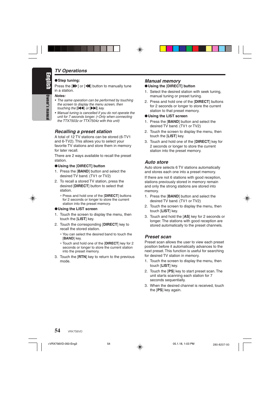 English, Auto store, Preset scan | Tv operations, Recalling a preset station | Clarion VRX756VD User Manual | Page 52 / 73