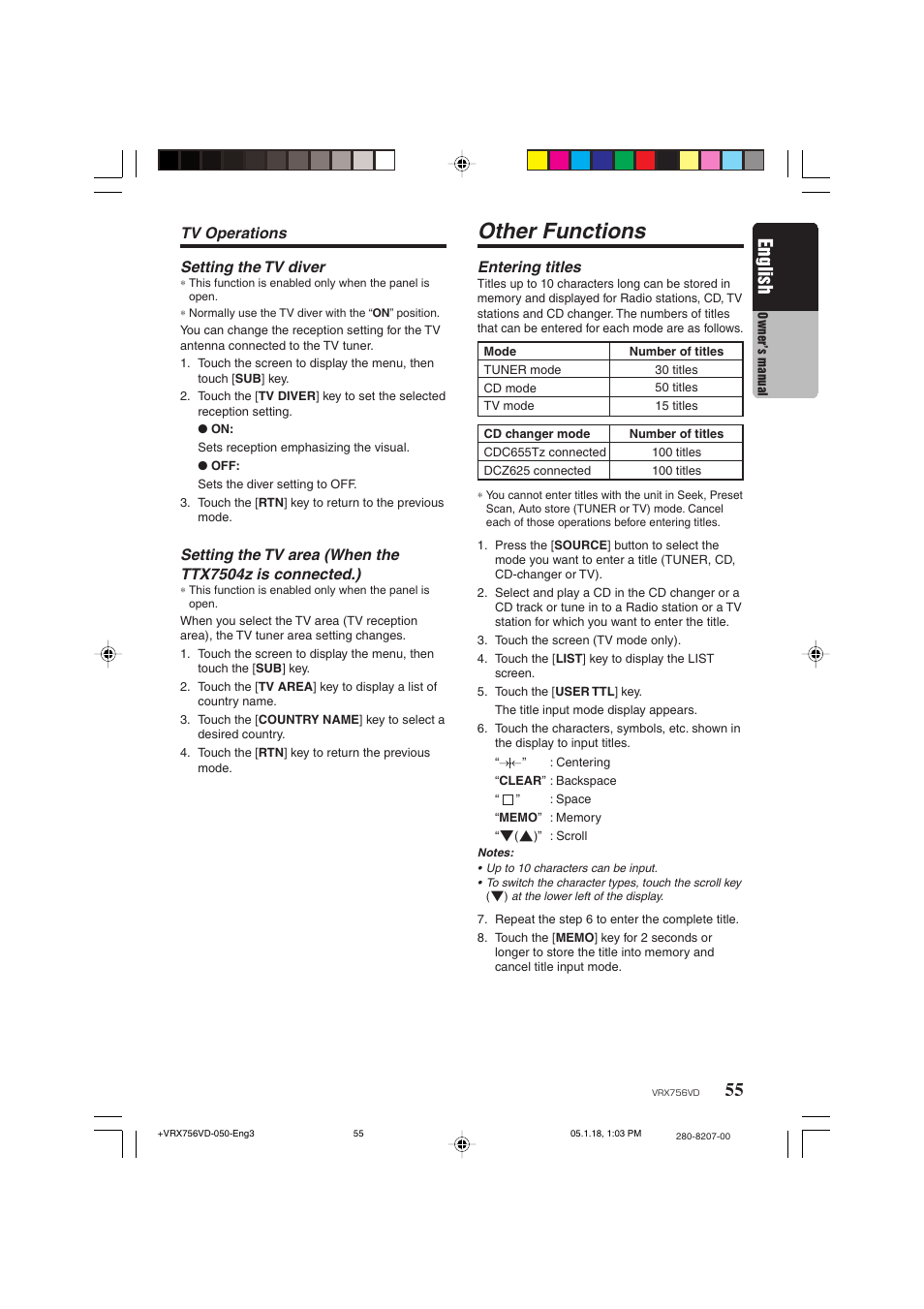 Other functions, English, Entering titles | Setting the tv diver, Tv operations | Clarion VRX756VD User Manual | Page 53 / 73