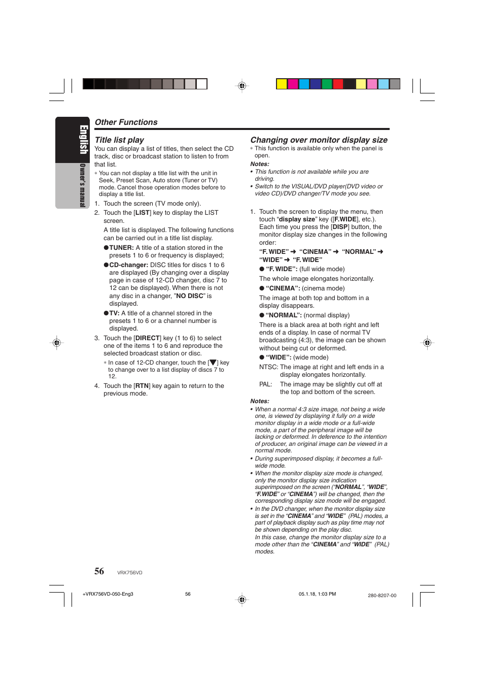 English, Title list play, Changing over monitor display size | Other functions | Clarion VRX756VD User Manual | Page 54 / 73