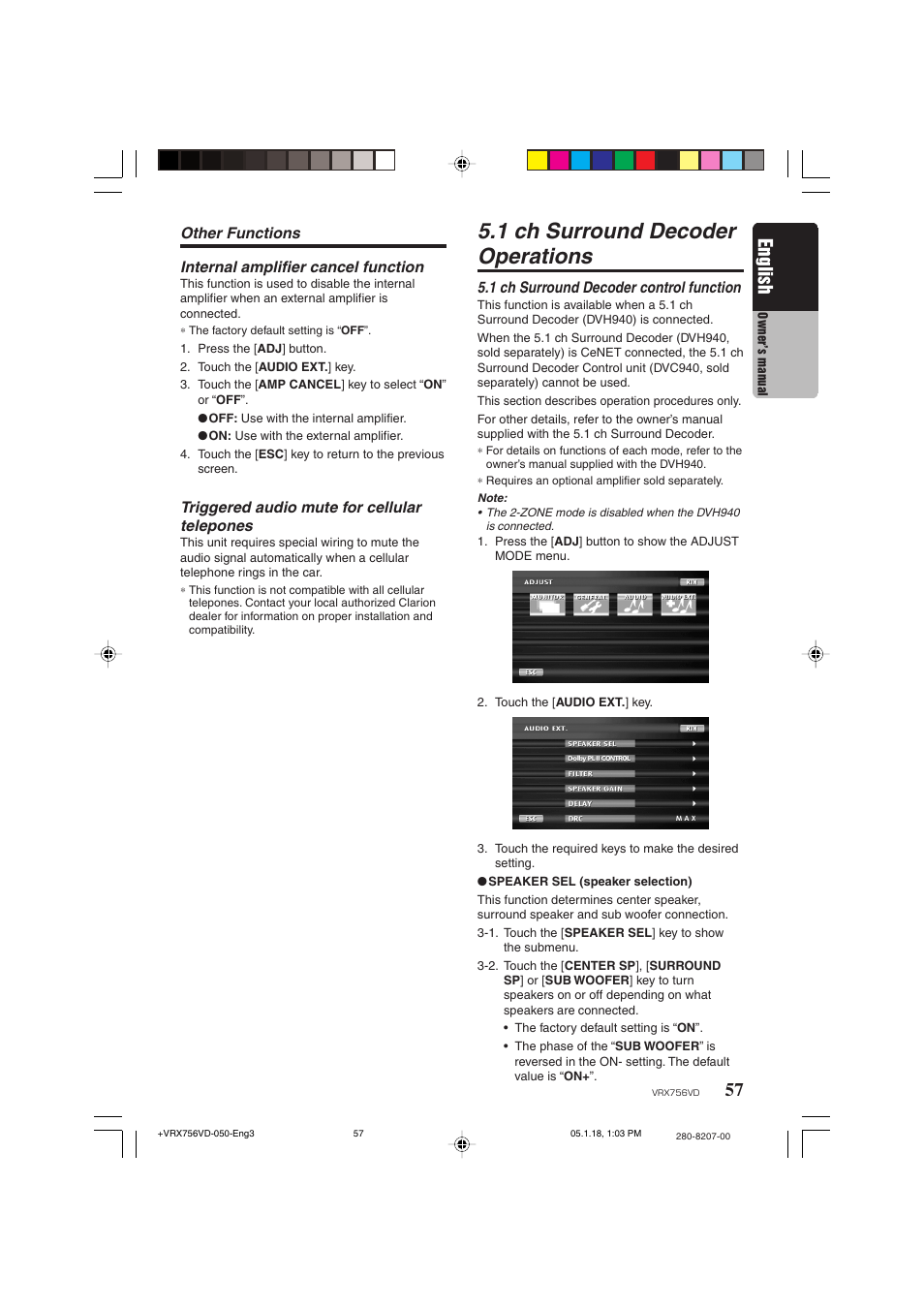1 ch surround decoder operations, English, Other functions internal amplifier cancel function | Triggered audio mute for cellular telepones, 1 ch surround decoder control function | Clarion VRX756VD User Manual | Page 55 / 73