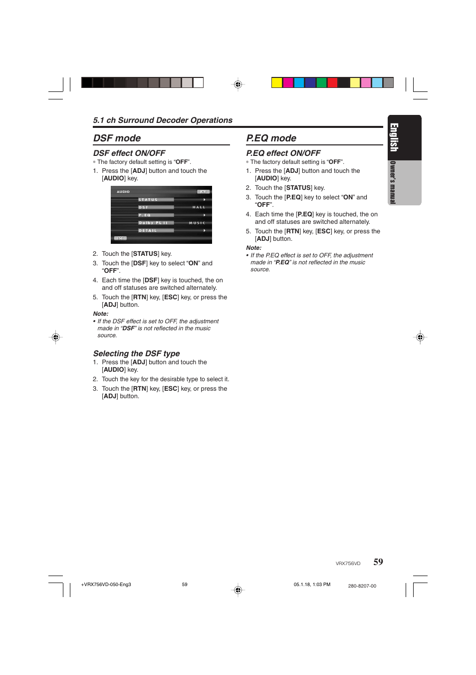 English, 59 p.eq mode, Dsf mode | Clarion VRX756VD User Manual | Page 57 / 73