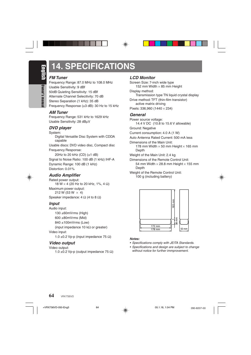 Specifications, English, Fm tuner | Am tuner, Dvd player, Audio amplifier, Input, Video output, Lcd monitor, General | Clarion VRX756VD User Manual | Page 62 / 73