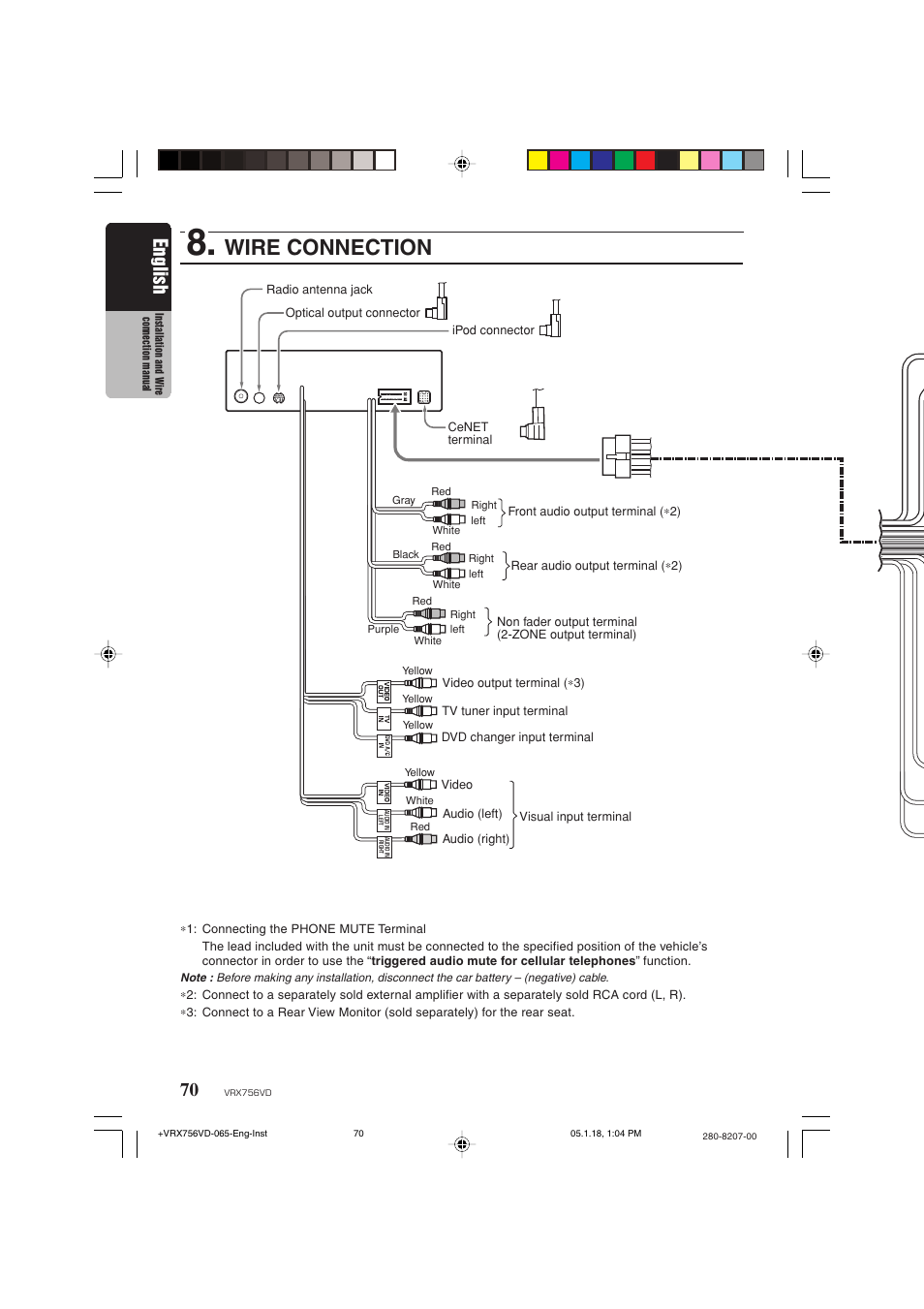 Wire connection, English | Clarion VRX756VD User Manual | Page 68 / 73