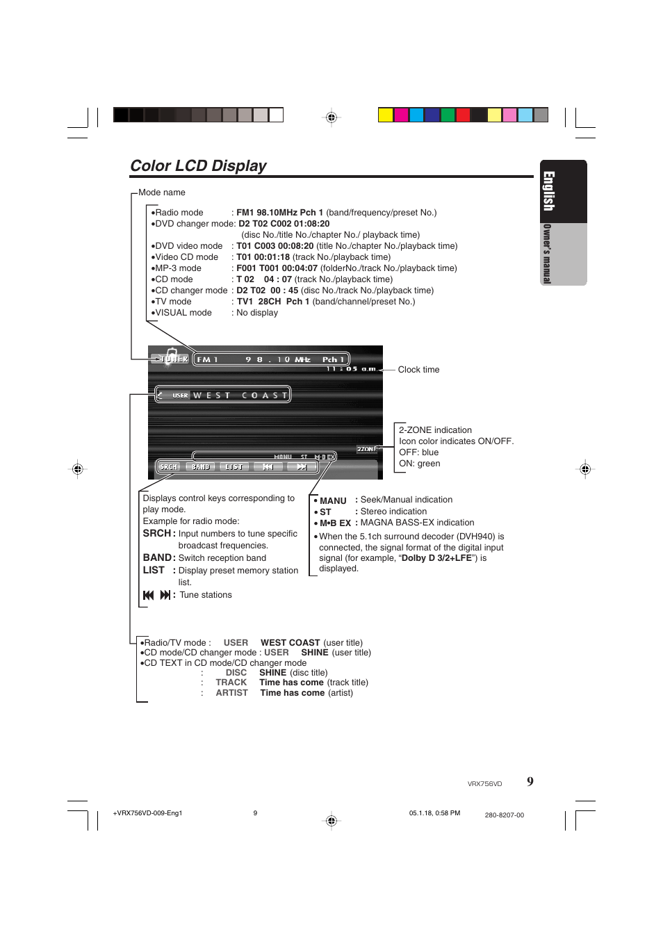 Color lcd display, 9english | Clarion VRX756VD User Manual | Page 7 / 73