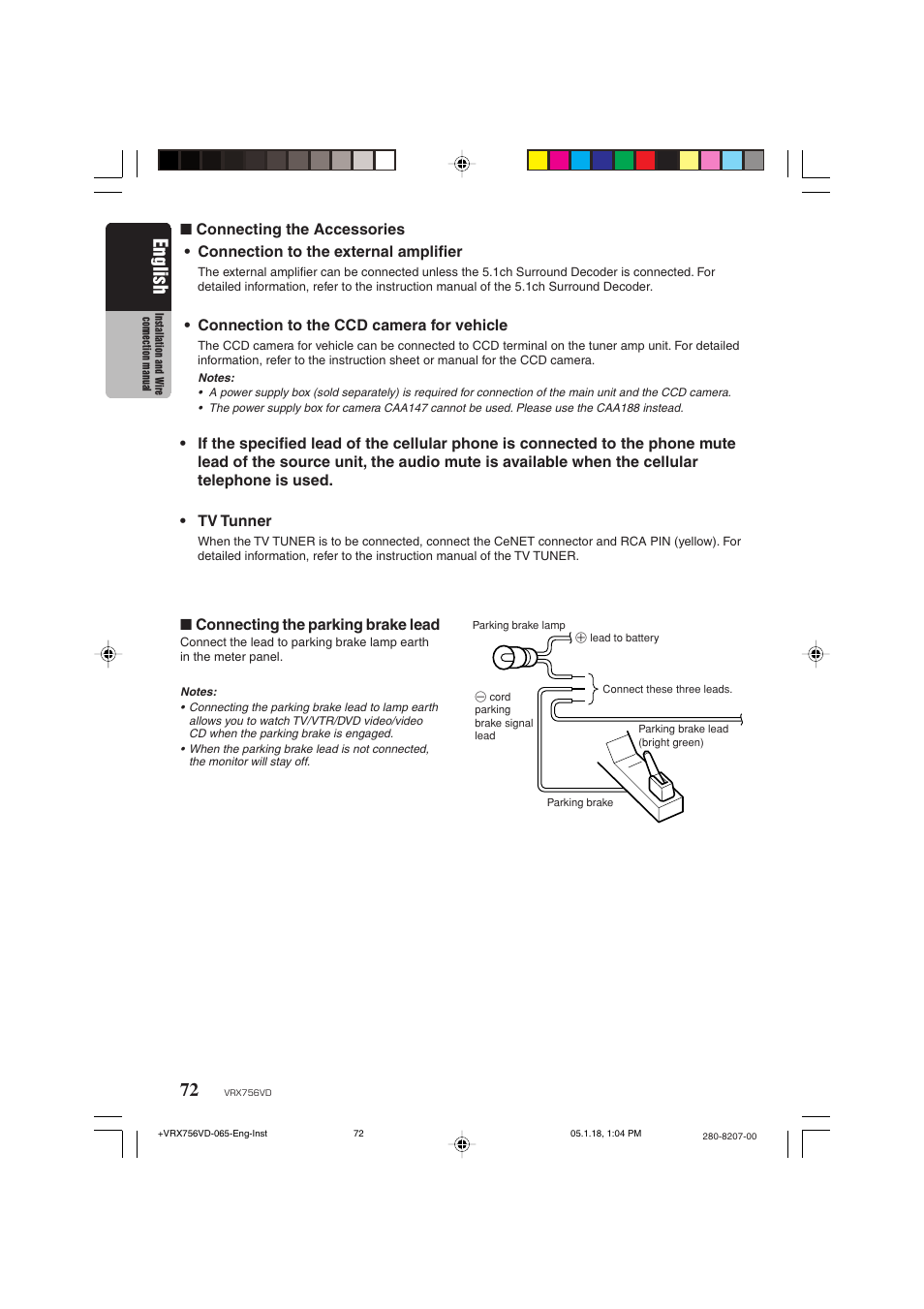 English, Connection to the ccd camera for vehicle, Connecting the parking brake lead | Clarion VRX756VD User Manual | Page 70 / 73