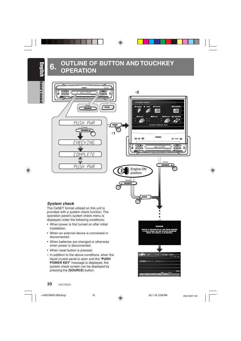 Outline of button and touchkey operation, English | Clarion VRX756VD User Manual | Page 8 / 73