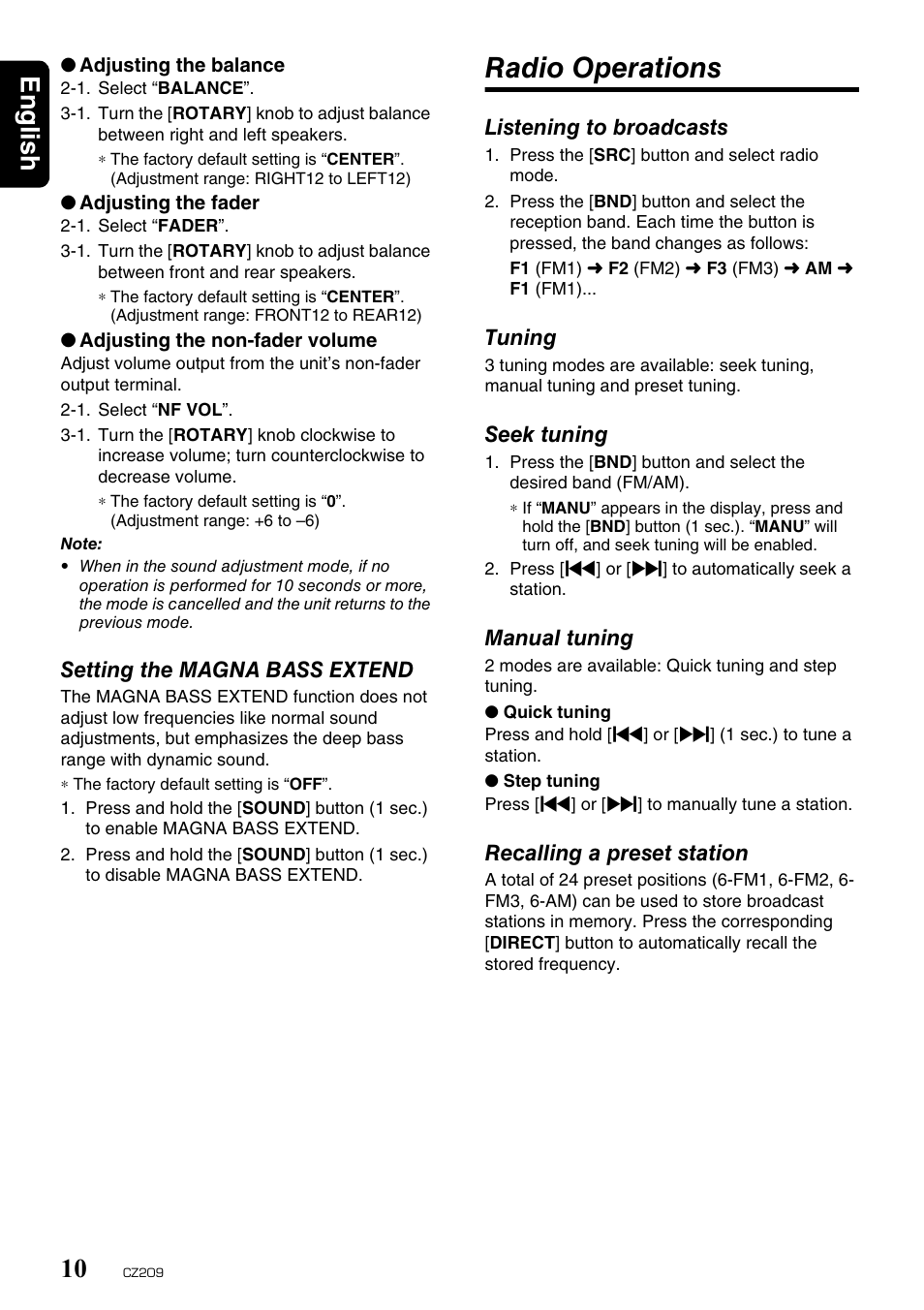 Radio operations, English 10 | Clarion CZ209 User Manual | Page 10 / 23