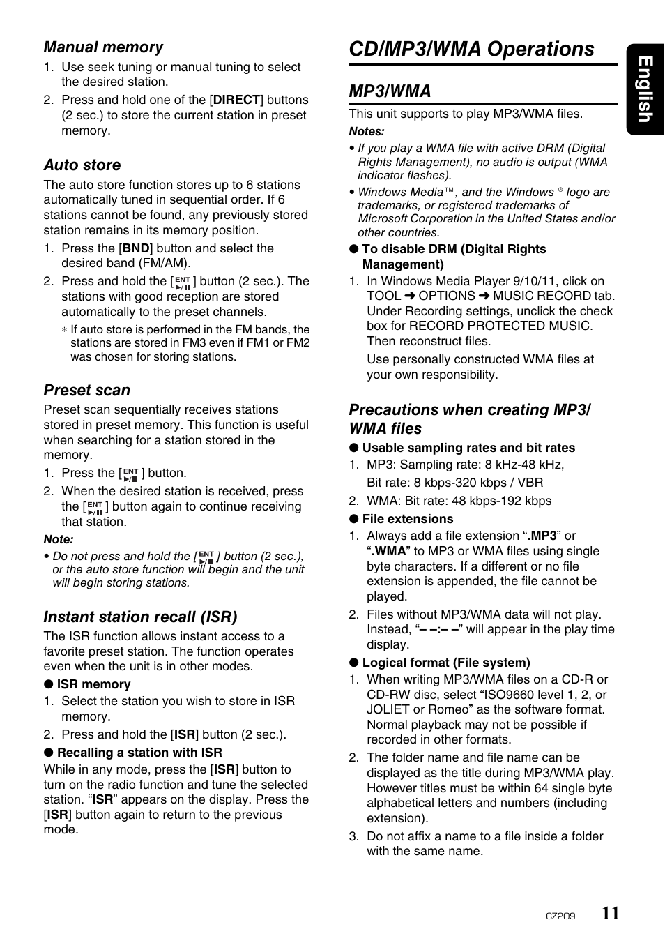 Cd/mp3/wma operations, English 11, Mp3/wma | Clarion CZ209 User Manual | Page 11 / 23
