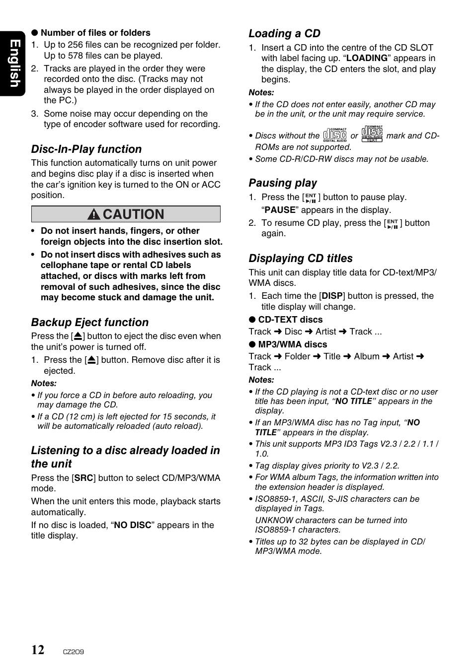 English 12, Caution, Disc-in-play function | Backup eject function, Listening to a disc already loaded in the unit, Loading a cd, Pausing play, Displaying cd titles | Clarion CZ209 User Manual | Page 12 / 23