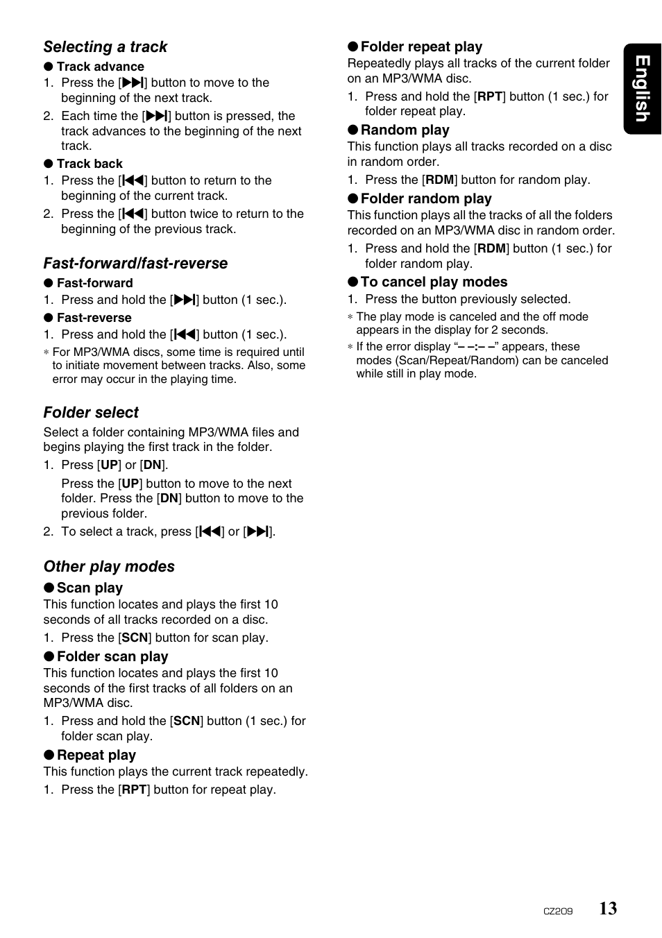 English 13 | Clarion CZ209 User Manual | Page 13 / 23