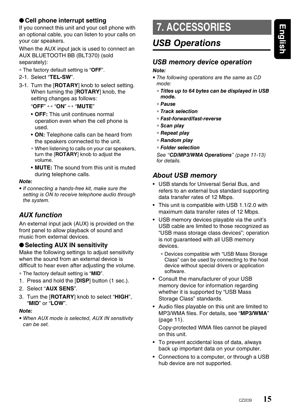 Accessories, Usb operations, English 15 | Aux function | Clarion CZ209 User Manual | Page 15 / 23
