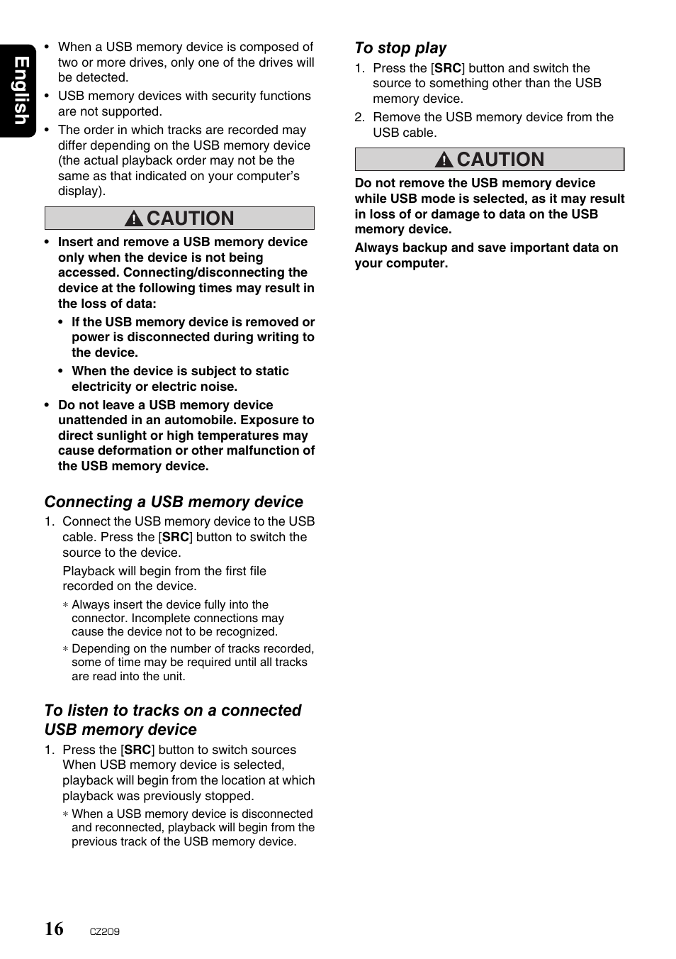 English 16, Caution | Clarion CZ209 User Manual | Page 16 / 23