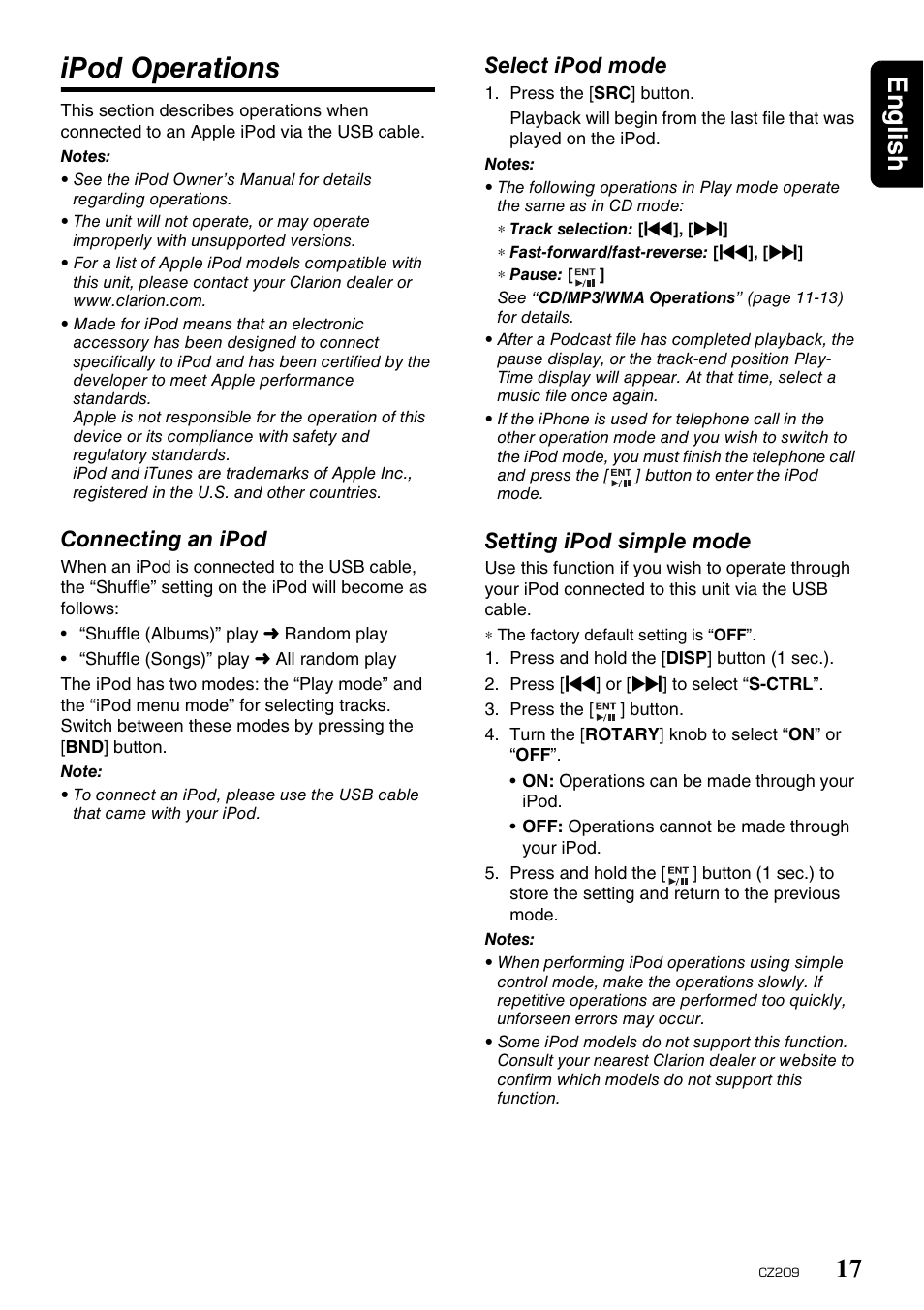 Ipod operations, English 17, Connecting an ipod | Select ipod mode, Setting ipod simple mode | Clarion CZ209 User Manual | Page 17 / 23
