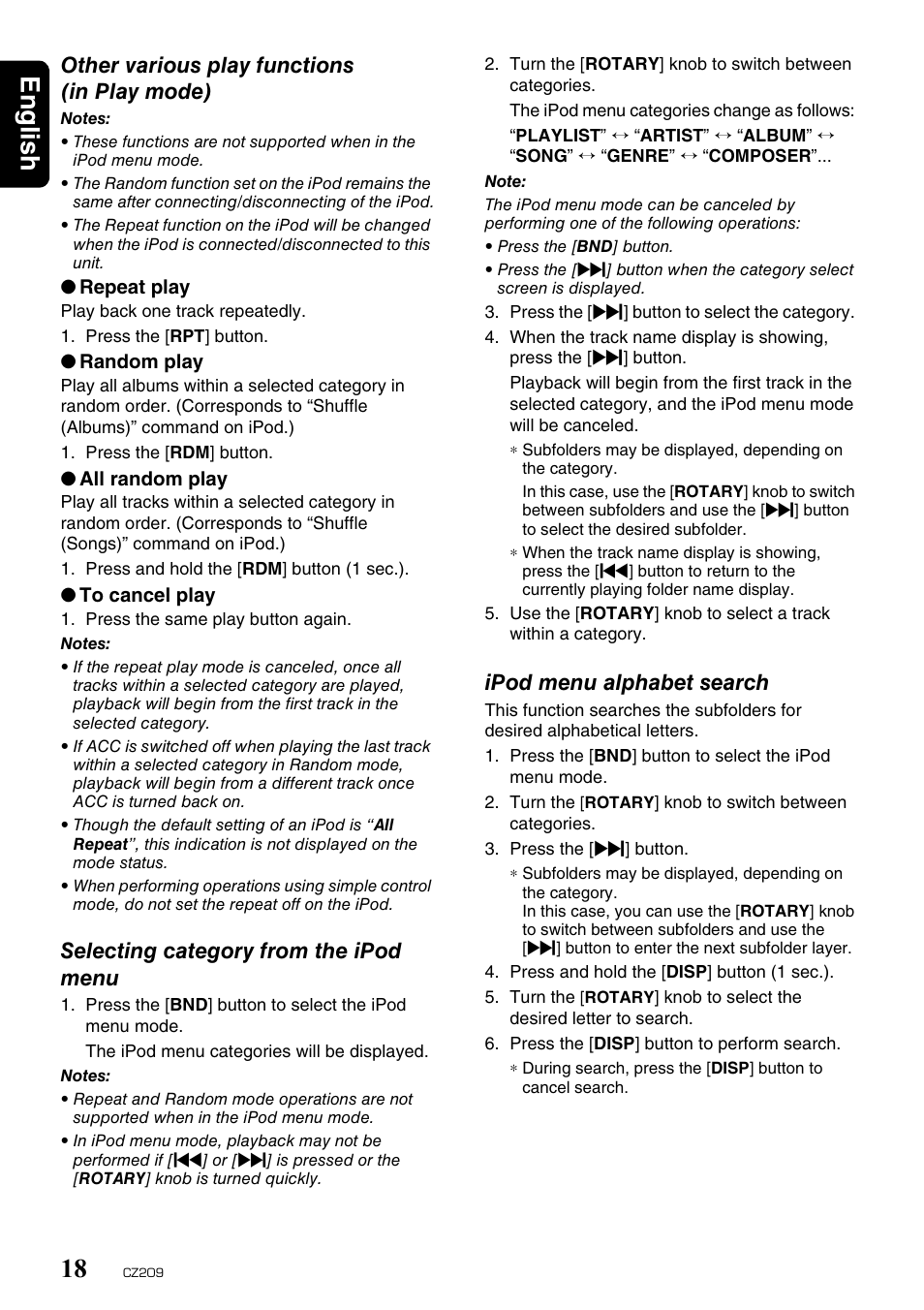 English 18, Other various play functions (in play mode), Selecting category from the ipod menu | Ipod menu alphabet search | Clarion CZ209 User Manual | Page 18 / 23