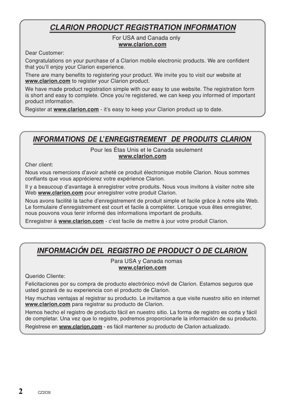 Clarion product registration information, Información del registro de product o de clarion | Clarion CZ209 User Manual | Page 2 / 23
