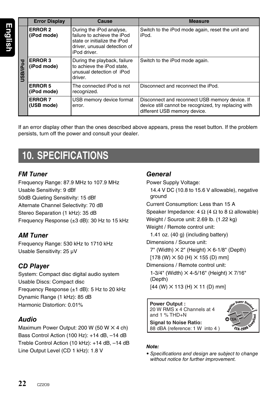 Specifications, English 22 | Clarion CZ209 User Manual | Page 22 / 23