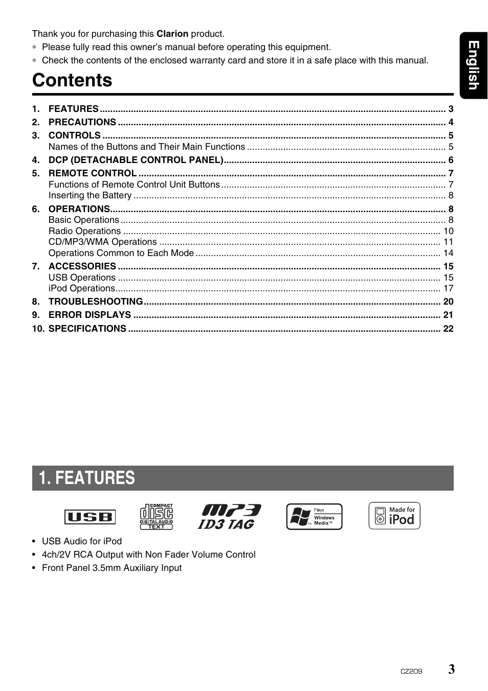 Clarion CZ209 User Manual | Page 3 / 23