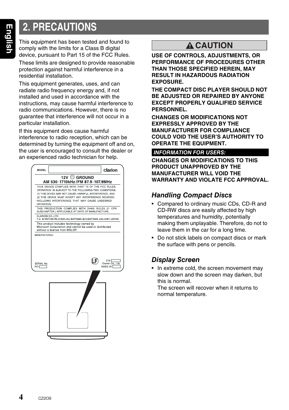Precautions, English 4, Caution | Clarion CZ209 User Manual | Page 4 / 23