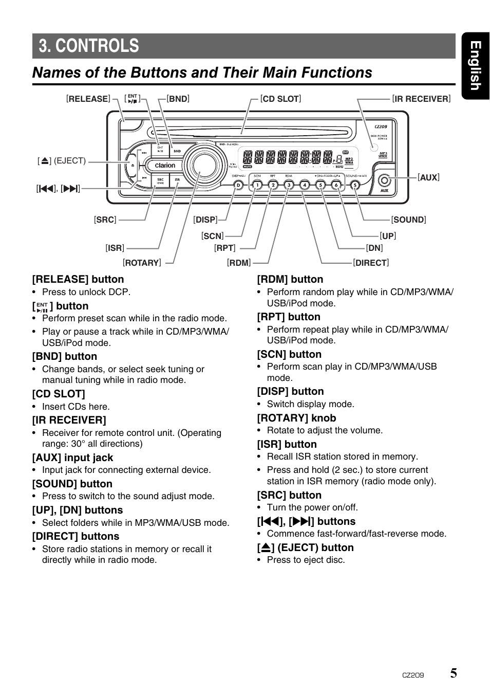 Controls, Names of the buttons and their main functions, English 5 | Clarion CZ209 User Manual | Page 5 / 23