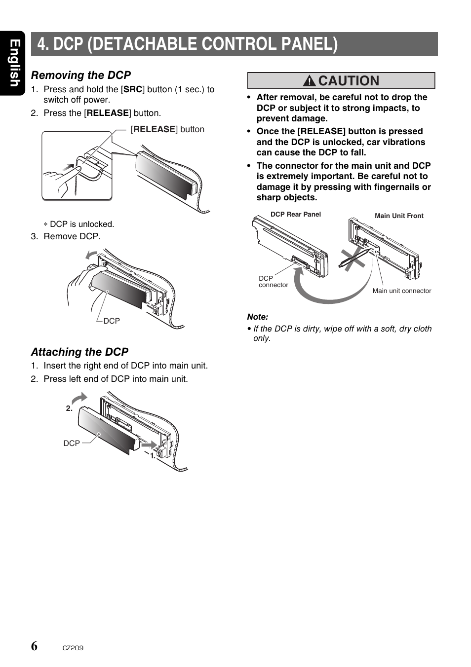 Dcp (detachable control panel), English 6, Caution | Removing the dcp, Attaching the dcp | Clarion CZ209 User Manual | Page 6 / 23