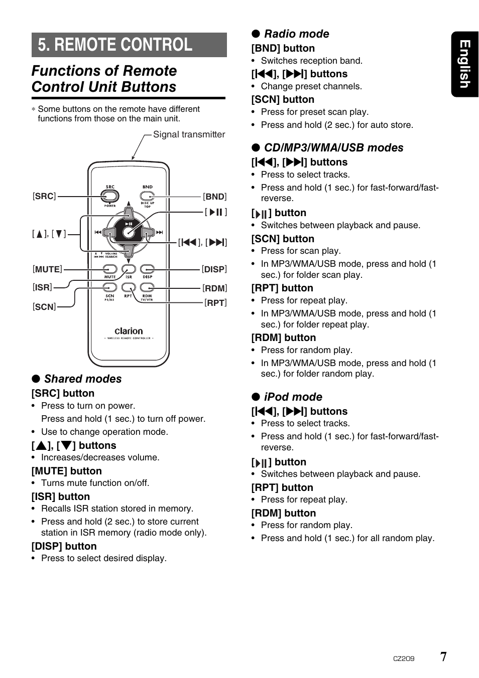 Remote control, Functions of remote control unit buttons, English 7 | Clarion CZ209 User Manual | Page 7 / 23