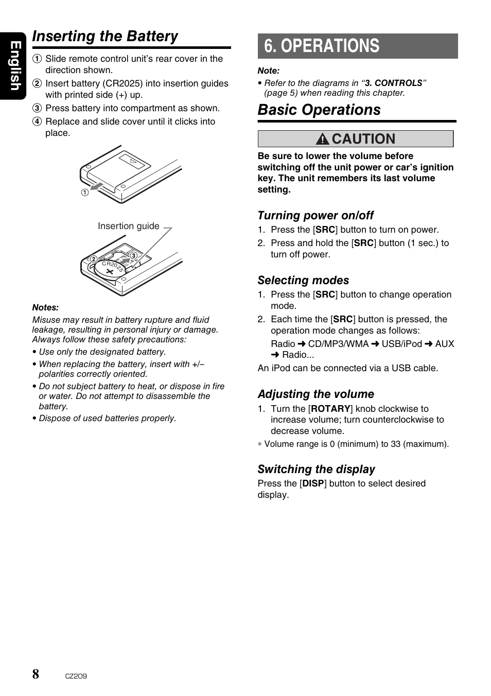 Operations, Inserting the battery, Basic operations | English 8, Caution | Clarion CZ209 User Manual | Page 8 / 23